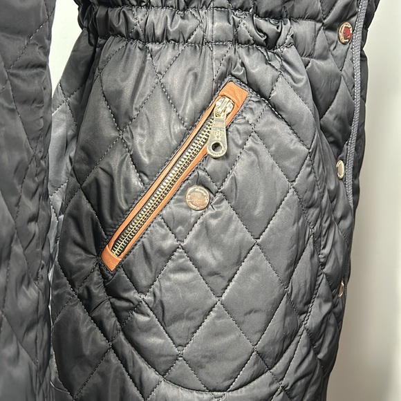 Massimo Dutti Quilted Dark Navy Midi Length Hooded Jacket Coat size small - Picture 3 of 16